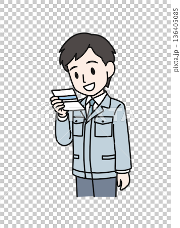 Illustration material of a technical worker in work clothes checking a bankbook Illustration material of a technical worker in work clothes checking a bankbook 136405085