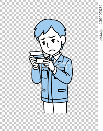Illustration material of a man in a technical job in work clothes who is depressed after seeing the balance in his bankbook Illustration material of a man in a technical job in work clothes who is depressed after seeing the balance in his bankbook 136405086