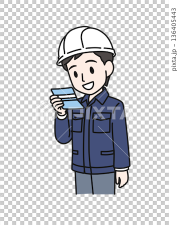 通帳を確認するヘルメットを被った作業服の男性のイラスト素材 通帳を確認するヘルメットを被った作業服の男性のイラスト素材 136405443