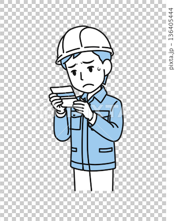 插畫素材:一位身穿工作服、頭戴安全帽的男子,在看到銀行存摺餘額後情緒低落。 插畫素材:一位身穿工作服、頭戴安全帽的男子,在看到銀行存摺餘額後情緒低落。 136405444