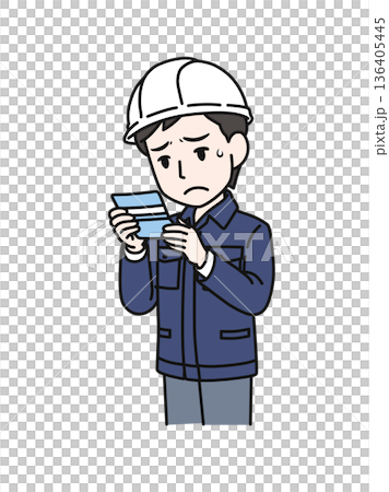 通帳の残高を見て落ち込むヘルメットを被った作業服の男性のイラスト素材 通帳の残高を見て落ち込むヘルメットを被った作業服の男性のイラスト素材 136405445