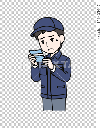 Illustration material of a man in work clothes wearing a hat who is depressed after seeing the balance in his bankbook Illustration material of a man in work clothes wearing a hat who is depressed after seeing the balance in his bankbook 136405447