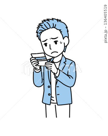 通帳の残高を見て落ち込むカジュアルスタイルの男性のイラスト素材 136405519