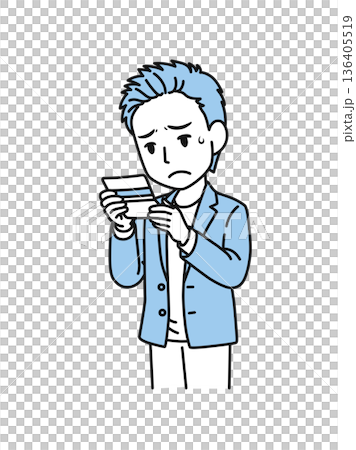 插畫素材：一位休閒裝扮的男士在看到銀行存摺餘額後情緒低落 136405519