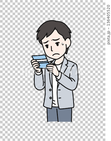 插畫素材：一位休閒裝扮的男士在看到銀行存摺餘額後情緒低落 136405520