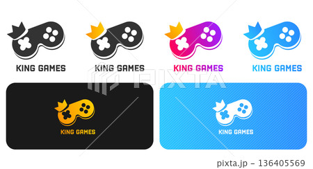 Modern collection of game controller logos with a crown element for King Games. Minimalist flat design with vibrant gradients, ideal for mobile game interface icons and tech branding. 136405569