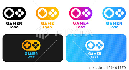 Professional gamer logo collection featuring minimalist gamepad icons with colorful gradients. Branding set for esports teams, YouTube channels, and gaming community identities. 136405570