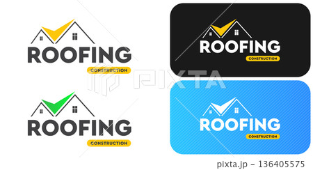 Roofing construction logo set with yellow house roof silhouettes, professional branding identity. Modern roofing construction logo collection featuring stylized yellow roof peaks and bold typography 136405575