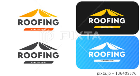 Roofing construction logo set with yellow house roof silhouettes, professional branding identity. Modern roofing construction logo collection featuring stylized yellow roof peaks and bold typography 136405576