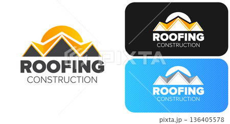 Roofing construction logo set with yellow house roof silhouettes, professional branding identity. Modern roofing construction logo collection featuring stylized yellow roof peaks and bold typography 136405578