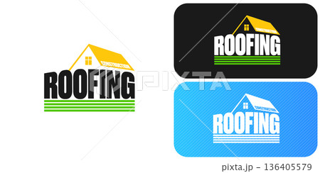 Roofing construction logo set with yellow house roof silhouettes, professional branding identity. Modern roofing construction logo collection featuring stylized yellow roof peaks and bold typography 136405579
