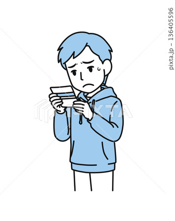通帳の残高を見て落ち込むカジュアルな服装の男性のイラスト素材 136405596