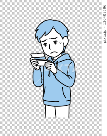 通帳の残高を見て落ち込むカジュアルな服装の男性のイラスト素材 136405596