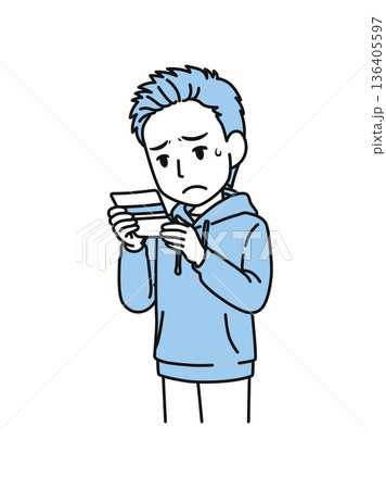 通帳の残高を見て落ち込むカジュアルな服装の男性のイラスト素材 136405597