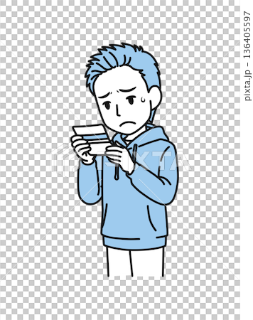 通帳の残高を見て落ち込むカジュアルな服装の男性のイラスト素材 136405597