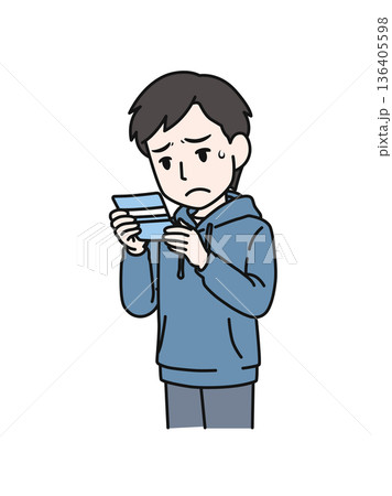 通帳の残高を見て落ち込むカジュアルな服装の男性のイラスト素材 136405598