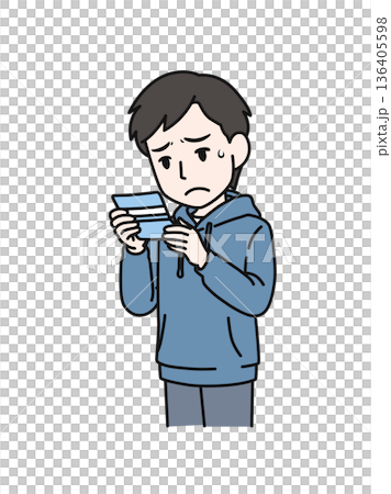 通帳の残高を見て落ち込むカジュアルな服装の男性のイラスト素材 136405598
