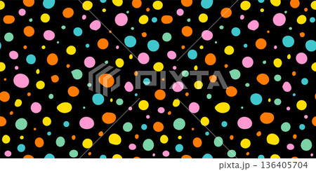 Seamless abstract pattern, on a black background of multicolor falling confetti, polka dots on a light background, flat style. hand drawing. Not AI, Vector illustration 136405704