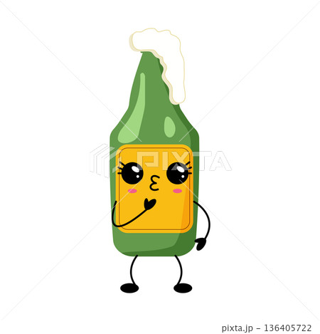 Kawaii green beer bottle illustration with cute facial features and arms Kawaii green beer bottle illustration with cute facial features and arms 136405722
