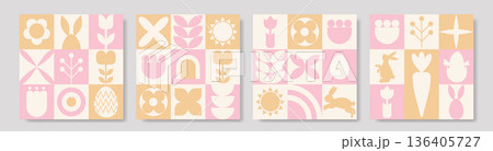 Geometric Easter cards with floral and bunny designs in pastel colors 136405727