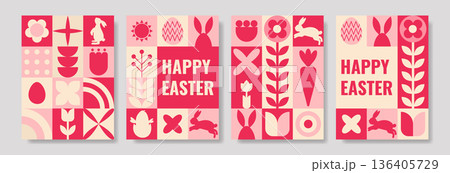 Geometric Easter posters with floral and bunny designs in pink tones Geometric Easter posters with floral and bunny designs in pink tones 136405729
