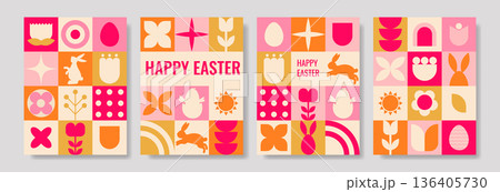 Geometric Easter posters with colorful patterns and festive designs Geometric Easter posters with colorful patterns and festive designs 136405730