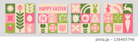 Abstract geometric cards set Happy Easter with a rabbit, eggs, carrots, flowers, and chicken. 136405740