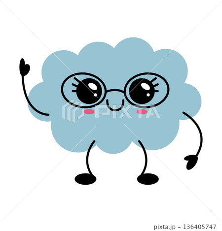 Cheerful cloud character. Friendly cloud mascot illustration. Colorful cloud figure with glasses and waving hand design Cheerful cloud character. Friendly cloud mascot illustration. Colorful cloud figure with glasses and waving hand design 136405747