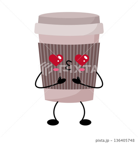 Animated coffee with adorable features. Playful kawaii coffee character featuring heart eyes and ribbed sleeve design Animated coffee with adorable features. Playful kawaii coffee character featuring heart eyes and ribbed sleeve design 136405748