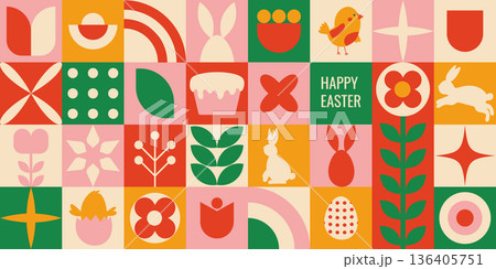 Vivid mosaic with playful seasonal images. Dynamic grid of cheerful shapes and charming symbols for celebrations 136405751