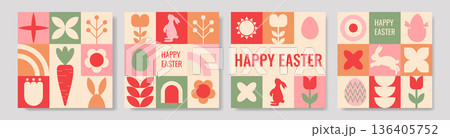 Pastel Easter Motifs for Creative Projects. Whimsical and Soft Pastel Easter Tile Set Showcasing Carrots and Tulits 136405752