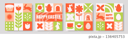 Vibrant Easter artwork. Colorful collection of Easter themed illustrations featuring pastel tiles and cheerful geometric shapes 136405753