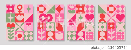 Series of lively geometric flower tiles featuring rounded petals and stylized leaves for modern interior styling 136405754