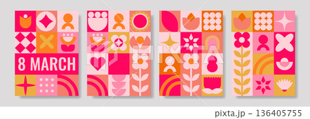 Colorful hearts and tulips in retro style. Bright pink celebration motif with energetic floral and geometric elements 136405755