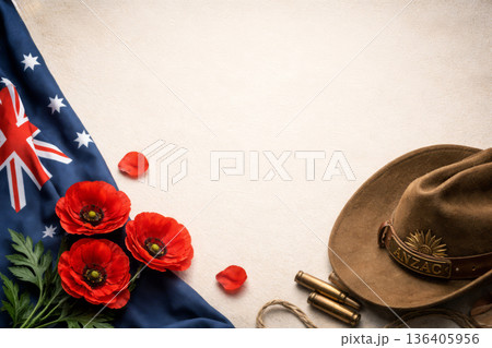 Anzac Day background with Australian flag, poppies and slouch hat on light surface with copy space. 136405956