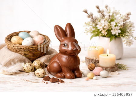 Easter composition with chocolate bunny, eggs in nest and spring flowers on white background. 136405957