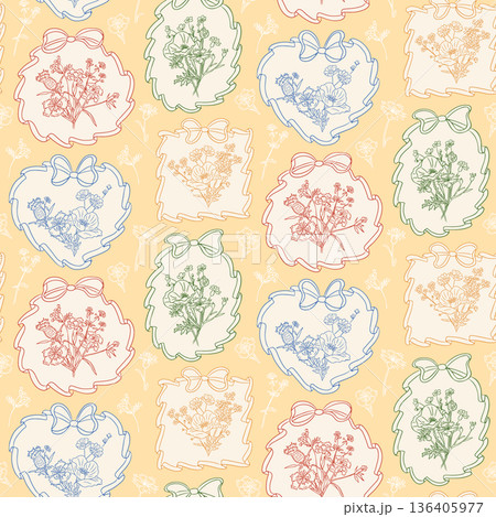 Seamless floral pattern with hand drawn wildflower bouquets inside decorative frames and bows on soft pastel background. Concept of vintage botanical design for textile, wallpaper, stationery 136405977