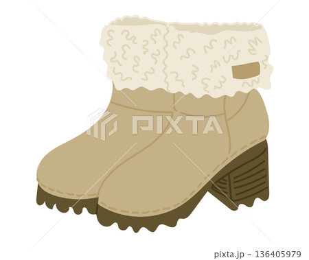 Warm winter boots illustration with cozy fur lining and chunky sole in soft neutral colors isolated on white background. Concept of cold weather footwear, comfort, seasonal fashion Warm winter boots illustration with cozy fur lining and chunky sole in soft neutral colors isolated on white background. Concept of cold weather footwear, comfort, seasonal fashion 136405979