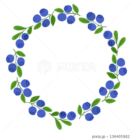 Blueberry wreath illustration with hand drawn berry branches and green leaves arranged in a circular frame isolated on white background. Concept of natural botanical decoration, healthy food symbol Blueberry wreath illustration with hand drawn berry branches and green leaves arranged in a circular frame isolated on white background. Concept of natural botanical decoration, healthy food symbol 136405982