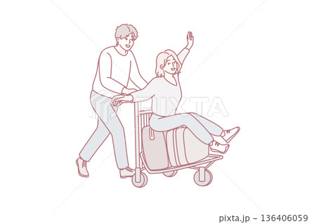 Happy man rides joyful woman on travel bag cart from airport heading for summer trip. Vector image 136406059