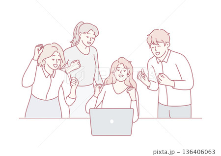 Successful women and man employees of modern startup rejoice and look at laptop screen. Vector image 136406063
