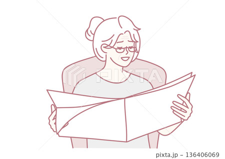 Elderly gray-haired woman reads newspaper with latest news sitting in cozy home chair. Vector image Elderly gray-haired woman reads newspaper with latest news sitting in cozy home chair. Vector image 136406069