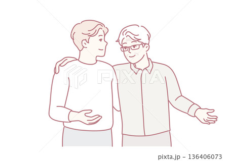 Gray-haired elderly man in glasses and young guy slap each other on back and shoulders. Vector image 136406073