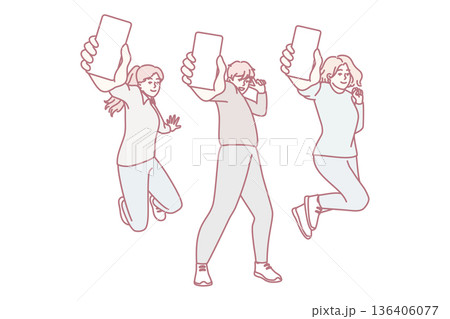 People show screen of mobile phone by stretching their hand to monitor advertising app. Vector image People show screen of mobile phone by stretching their hand to monitor advertising app. Vector image 136406077