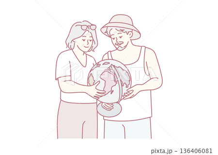Elderly couple is considering globe choosing place for future trip or sightseeing tour. Vector image 136406081