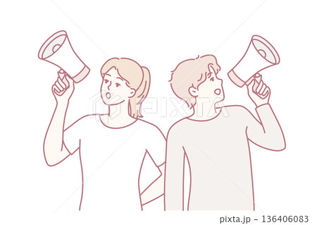 Man and woman shouting in loudspeaker to invite to event or make announcement. Vector image Man and woman shouting in loudspeaker to invite to event or make announcement. Vector image 136406083