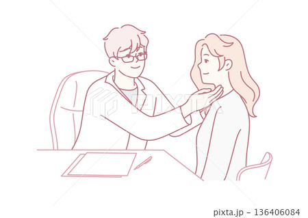 Man doctor in white coat sits at table holding out hands to throat woman patient. Vector image 136406084