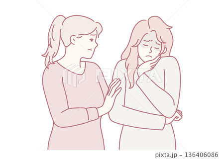 Woman comforting girl friend is sad and stressed after bullying or toxic relationship. Vector image 136406086
