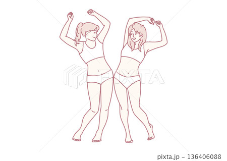 Slender women in swimsuits bumping hips rejoice at result of losing weight after diet. Vector image 136406088
