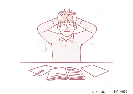 Angry man clutching head sitting at table with workbooks suffering from nervous work. Vector image Angry man clutching head sitting at table with workbooks suffering from nervous work. Vector image 136406090